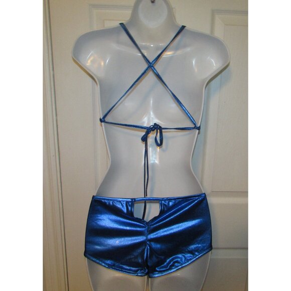 Blue Metallic Booty Short Strappy Top Bikini - NEW - Picture 3 of 9